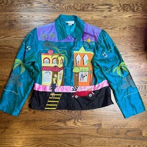 Bleu Bayou Vintage Women’s 100% Silk Embroidered Appliqué Pictorial Jacket L